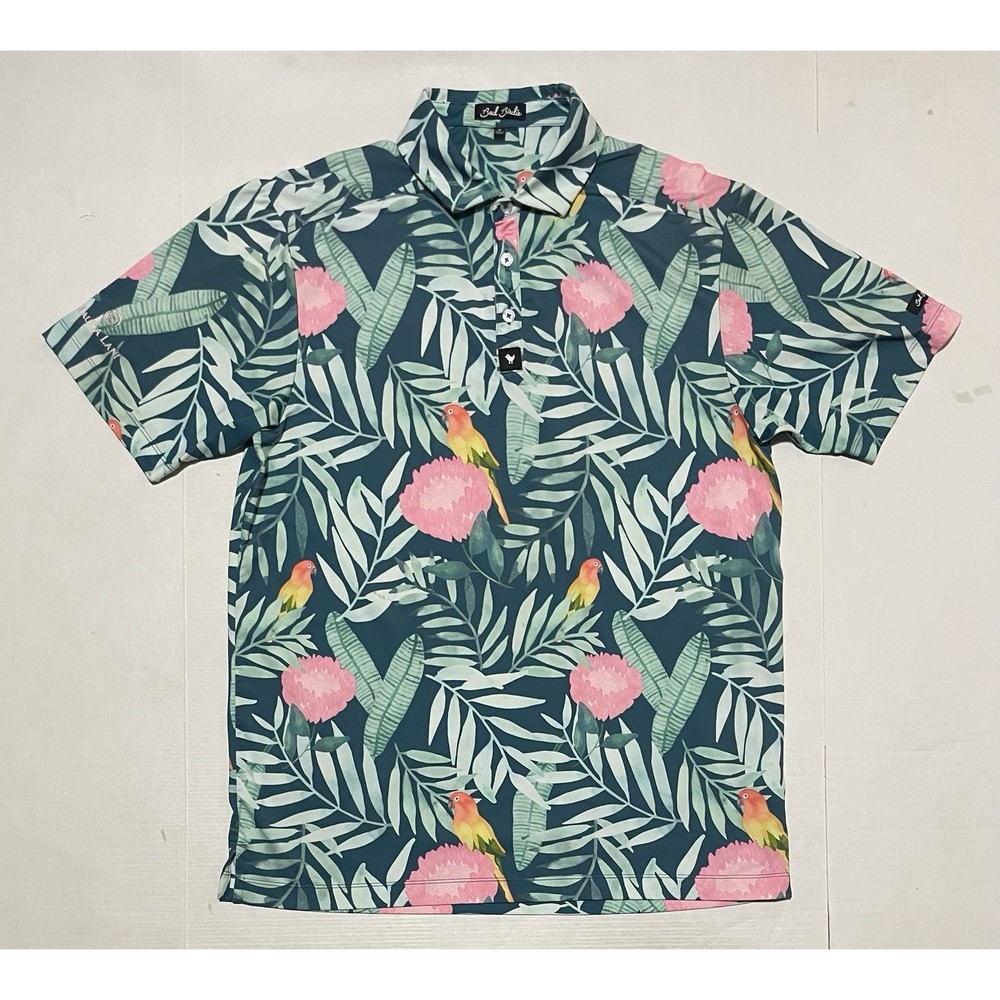 Bad Birdie Polo Shirt‎ Mens Medium Tropical Parrot Floral Golf Performance